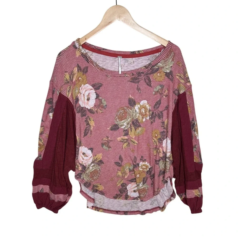 Free People Flower Patch Waffle Top Size M Moroccan Spice Combo Burgundy Red